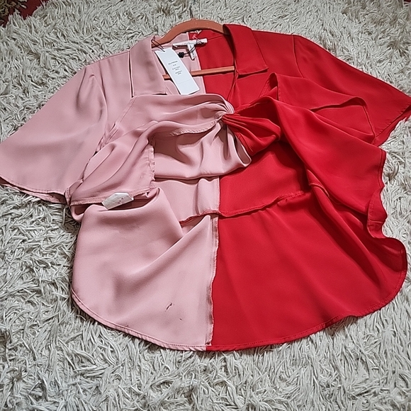 BCBGeneration Blouse Top Colorblock Split Colors Red & Pink Twist Front Size 6 - Picture 9 of 13